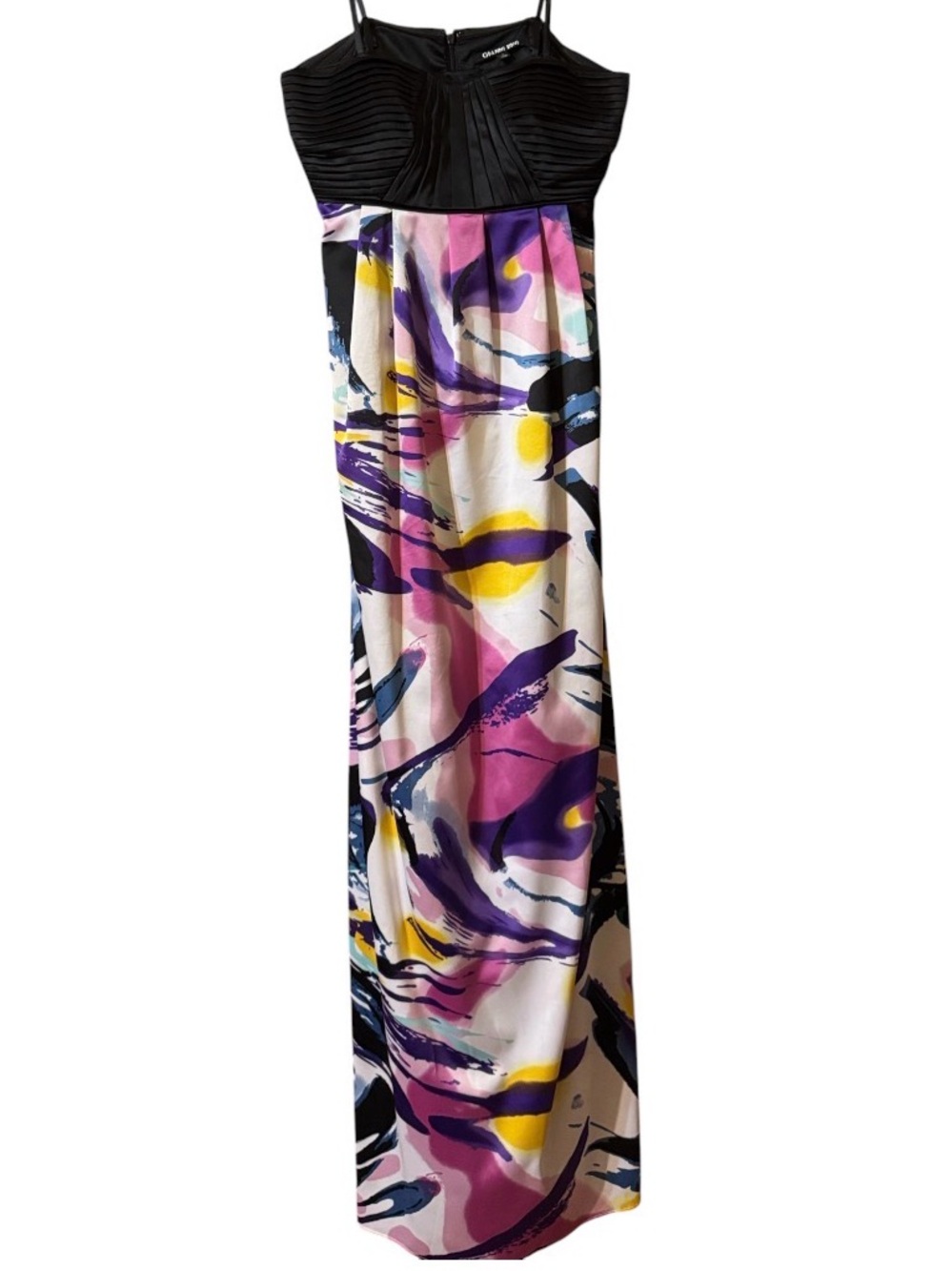 Gianni Bini strapless maxi dress with vibrant abstract watercolor. (OlCC)
